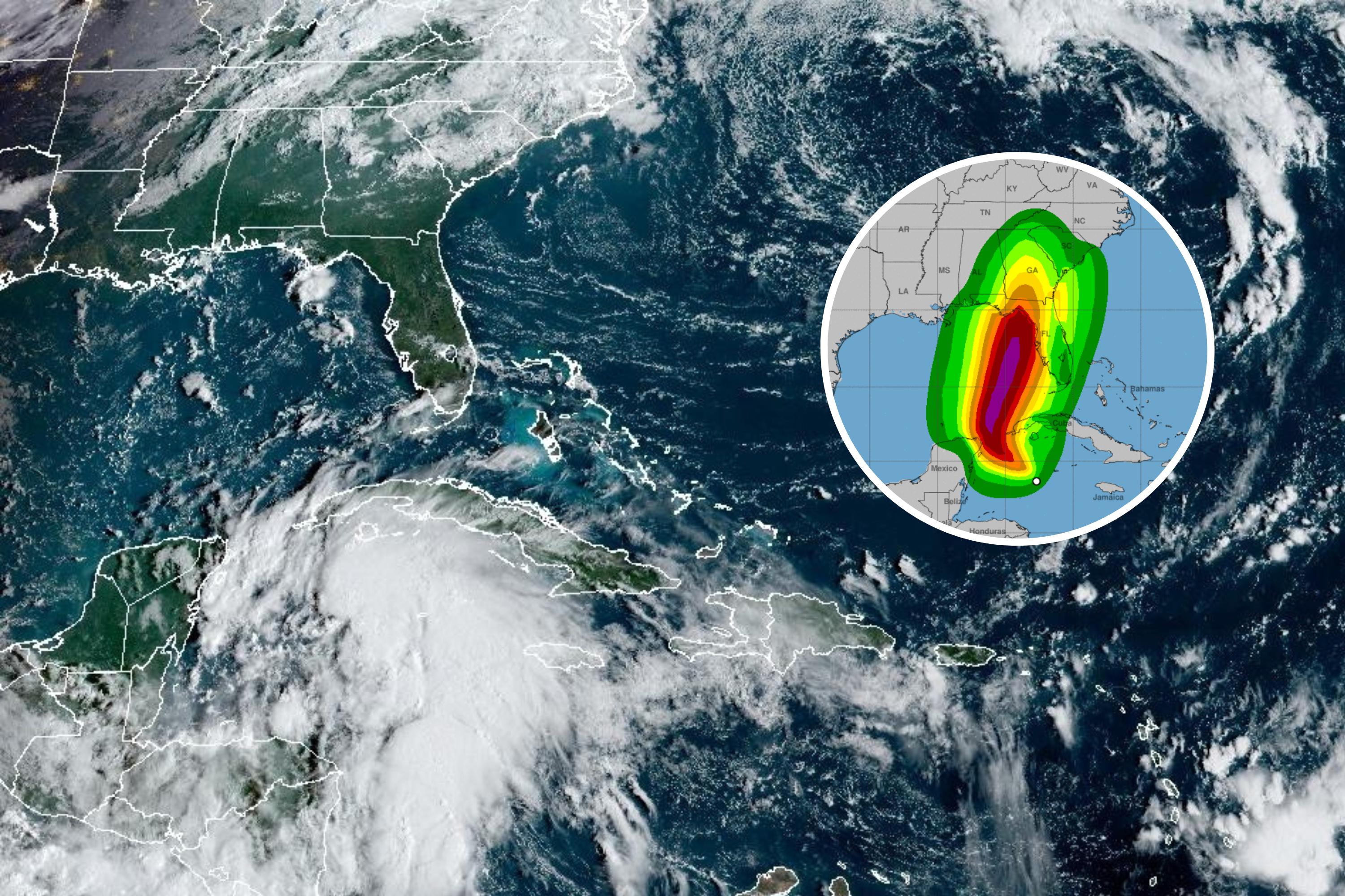 Photo: A satellite image taken on Sept. 24 showing a storm brewing over the Caribbean (main) and the probability of tropical-storm-force winds in coming days (inset). (NOAA/National Weather Service)