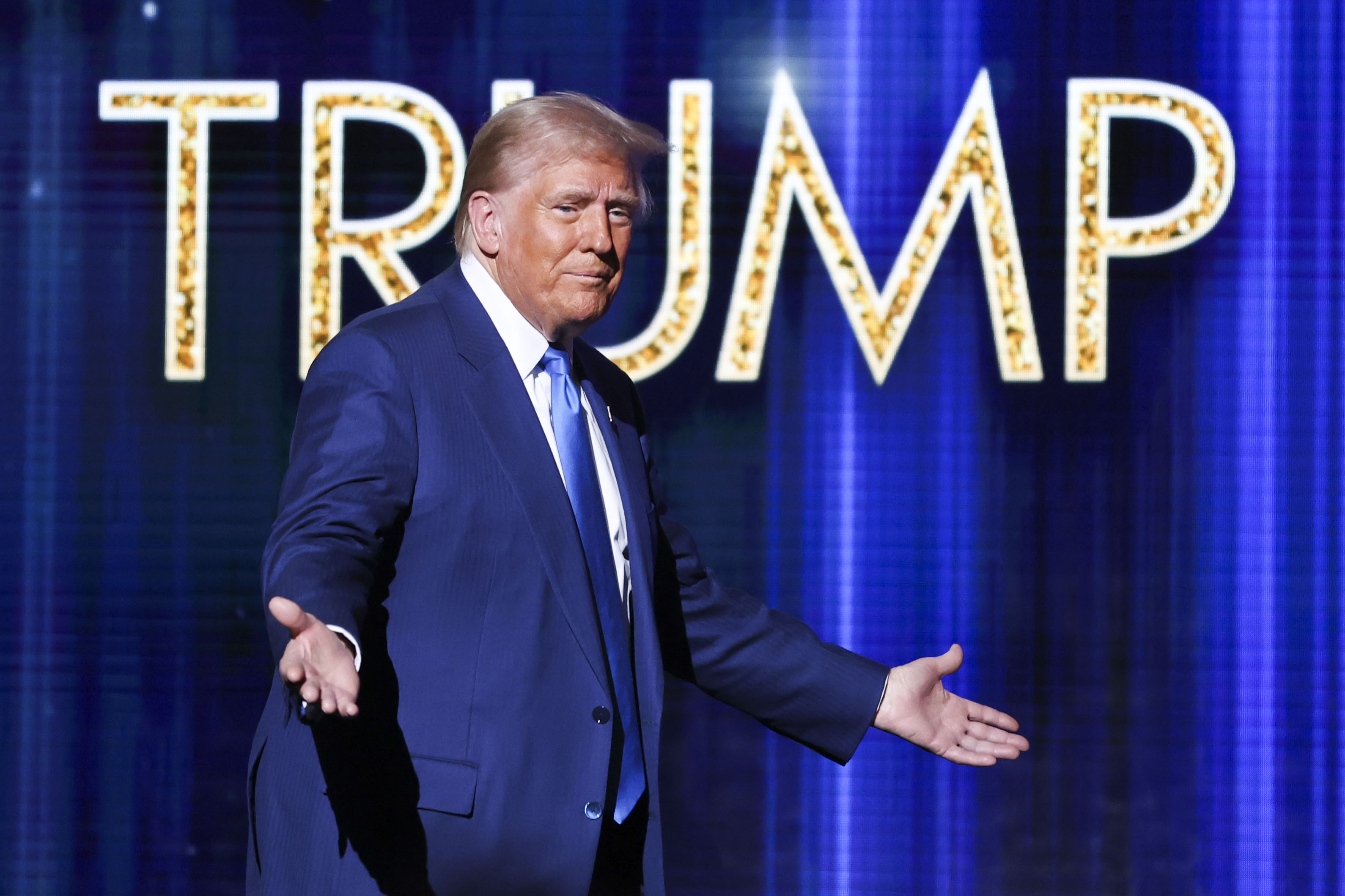 President-elect Donald Trump takes the stage before he speaks at the FOX Nation Patriot Awards. (AP)